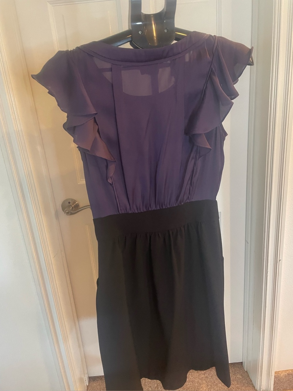 BCBG Purple and Black Ruffle-Shoulder Midi Dress